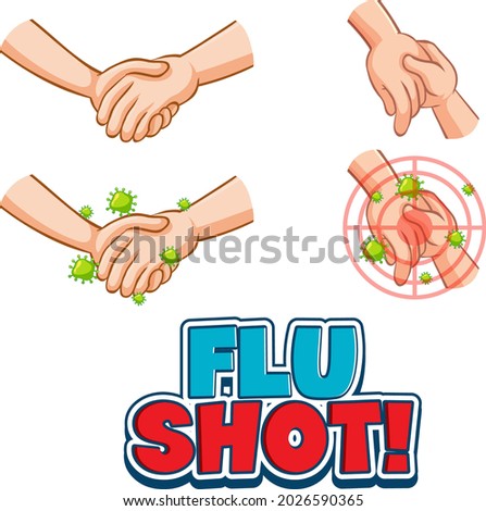 Flu Shot font in cartoon style with hands holding together isolated illustration