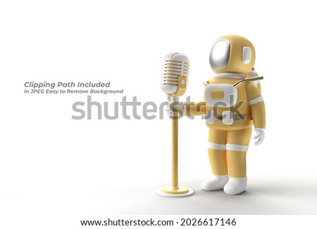 3D Render Astronaut singing into vintage microphone Pen Tool Created Clipping Path Included in JPEG Easy to Composite.