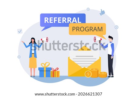 Concept of referral marketing strategy. refer a friend royalty program with promotion method illustration. Royalty-Free Stock Photo #2026621307