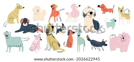 Cute dogs doodle vector set. Cartoon dog or puppy characters design collection with flat color in different poses. Set of funny pet animals isolated on white background. Royalty-Free Stock Photo #2026622945