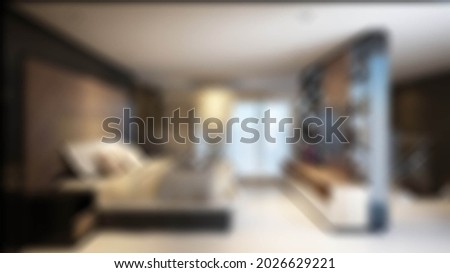 Defocused and Blur Photo of Cozy Bedroom with Wooden Partition Design Interior