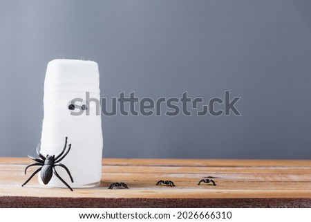 Funny crafts Halloween day decoration party, closeup Mummy from water glass and spider wrapped in a bandage on wooden wall gray background and copy space, studio shot isolated, Happy holiday concept