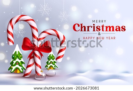 Merry christmas vector background design. Merry christmas greeting text with candy cane and miniature pine tree element for xmas holiday decoration. Vector illustration
