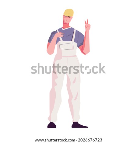 New buildings composition with isolated human character of builder in uniform showing victory sign vector illustration