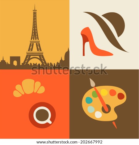 Vector illustration icon set of France, Paris, Eiffel Tower, fashion, food, art