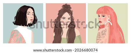 Set of portraits of women of different gender and age. Diversity. Vector flat illustration. Avatar for a social network.  Vector flat illustration Royalty-Free Stock Photo #2026680074