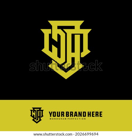 Initial letters J, D, P, JDP, JPD, DPJ, DJP, PJD or PDJ overlapping, interlocked monogram logo, yellow color on black background