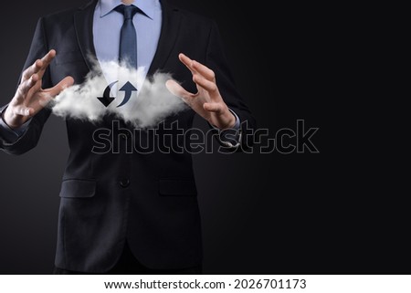 Cloud technology. Polygonal wireframe cloud storage sign with two arrows up and down on dark . Cloud computing, big data center, future infrastructure, digital ai concept. Virtual hosting symbol.