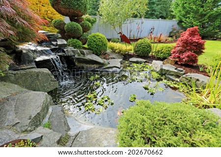 Tropical landscape design on backyard. View of small pond, trimmed bushes and small waterfall
