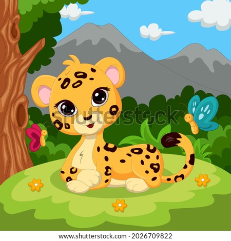 Cartoon cute baby leopard sitting in grass