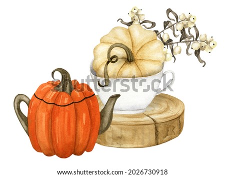 Watercolor fall pumpkin composition with snowberries, wood slice, decorative teapot for thanksgiving invitations, greeting cards