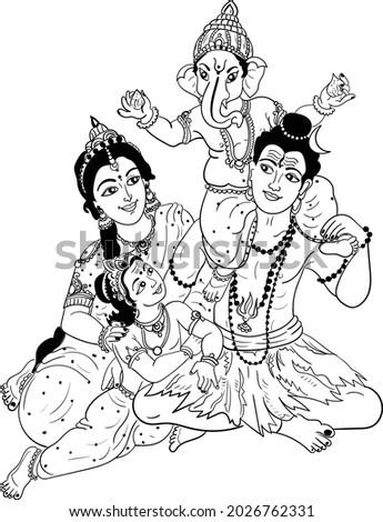 Indian lord Shiv family. indian wedding symbol shiva family. indian wedding lord god shiva family playing. shiva family clip art, black and white line art illustration.