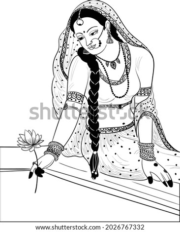 Indian wedding clip art of a lady or bride with lotus flower black and white clip art Illustration line drawing. Indian wedding symbol bride playing with lotus.
