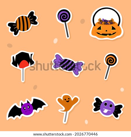 Vector - Halloween collection. Candy, lollipop, bat, basket pumpkin on orange background. Can be use decorate any card, web, banner, poster, print, sticker. Clip art. Bundle.