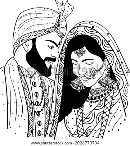  INDIAN WEDDING SYMBOL INDIAN GROOM AND BRIDE BLACK AND WHITE LINE DRAWING CLIP ART. INDIAN WEDDING CLIP ART SYMBOL