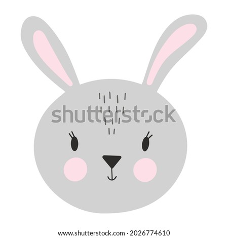 Cute baby bunny hare animal face in Scandinavian simple childish style. Sweet kid rabbit character portrait vector illustration isolated on white