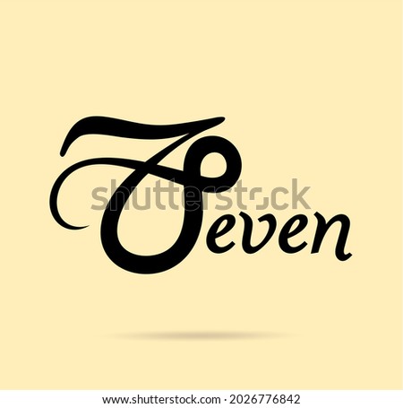 Seven; numeral and word logo for number. Handwriting seven letter with seven figure logo design. Number names typography design. Text logo and numeral logo studies for all numbers.