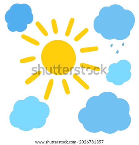 Vector Blue Cloud and Sun in Cartoon Childish Style Isolated on White Background. Weather Design Element.
