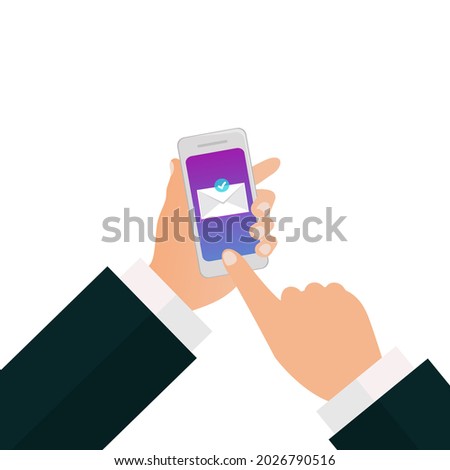 Hands holding phone sending messages and email.finger touch screen phone.vector design.