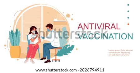 
People vaccination concept for immunity health vector illustration. Covid-19. Man doctor makes an injection of flu vaccine in hospital landing page. Getting first covid vaccine shot in arm muscle. Royalty-Free Stock Photo #2026794911