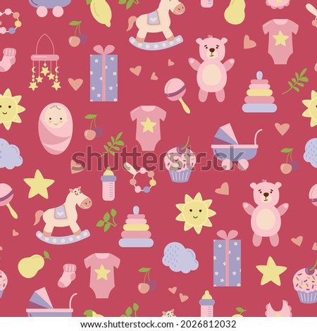 This is a girl. Children's pattern with children's toys, objects. Seamless background with baby things. Design of fabrics, textiles, wallpaper, packaging, Decoration for the nursery.