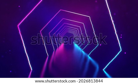 Room with neon lights. Ultraviolet abstract background with neon corridor. 3d technology background. Color illuminated interior with led rays and lasers futuristic. 3d rendering.