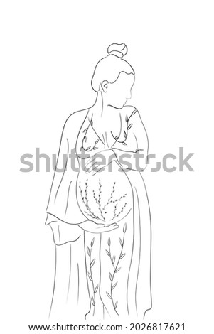Fashionable retro style engraving style. Divine pregnant woman. Trending image	