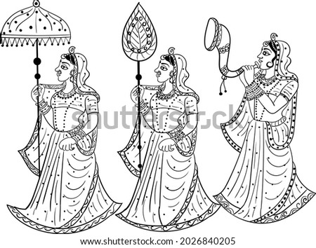 Indian wedding clip art women doing traditional wedding programs with kalash, flower necklace shehnai, chatri and pooja plate vector line art black and white symbol. 