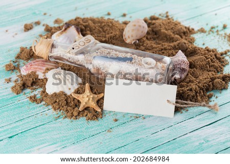 Marine items on wooden background. Sea objects on wooden planks. Empty tag for text. Selective focus.