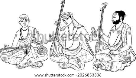 Indian wedding clip art of a man playing music instrument tanpura by hands. Hinduism wedding symbol of a man playing music instrument sitar black and white clip art line art. Wedding clip art