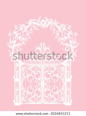white vector silhouette of elegant entrance arch with ornate gate doors decorated with blooming sakura tree branches