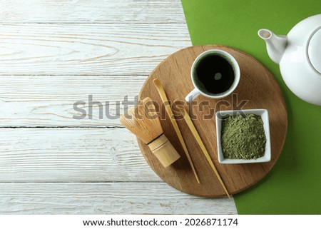 Concept of japanese tea with matcha on white wooden table