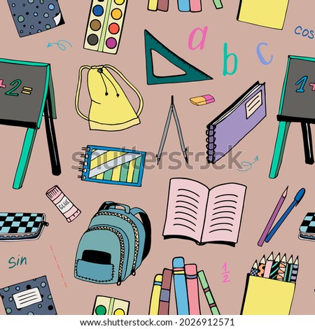 Vector school icons seamless pattern. Back to school, education, study. Doodle color icons