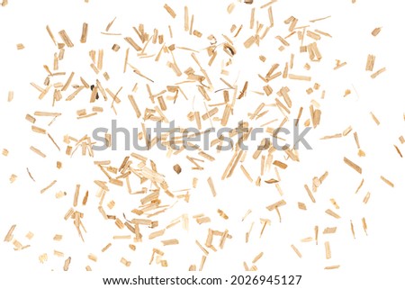 Oak chips sawdust isolated white background. small wood chips for smoking. sawdust texture . ecological fuel Royalty-Free Stock Photo #2026945127