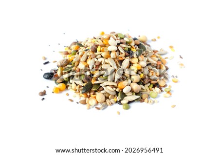 Mixed dry organic cereal and grain seed pile on white background. For healthy food ingredient or carbohydrate food type and agricultural product concept Royalty-Free Stock Photo #2026956491