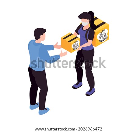 Isometric delivery food composition with characters of client receiving food box from courier vector illustration