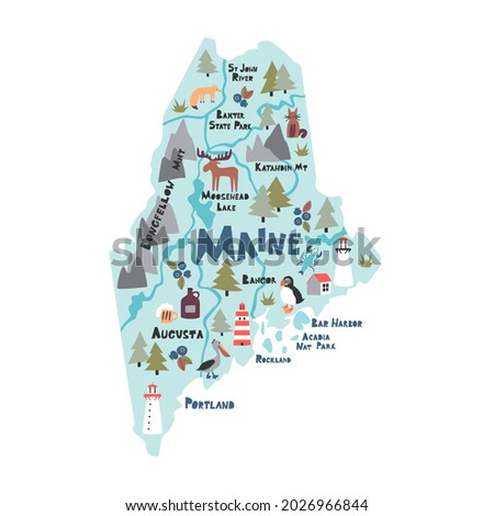 Maine infographic cartoon hand drawn vector illustration. American state map isolated on light blue background. Maine travel routes, landmarks with city names lettering flat cliparts. Royalty-Free Stock Photo #2026966844