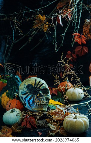 Halloween graveyard with scull spider and pumpkin lights