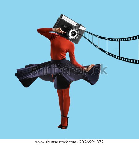 Zine collage. Young woman headed with retro-style camera in colored clothes stands over blue background. Concept of vintage fashion, imagination, creativity, art. Royalty-Free Stock Photo #2026991372
