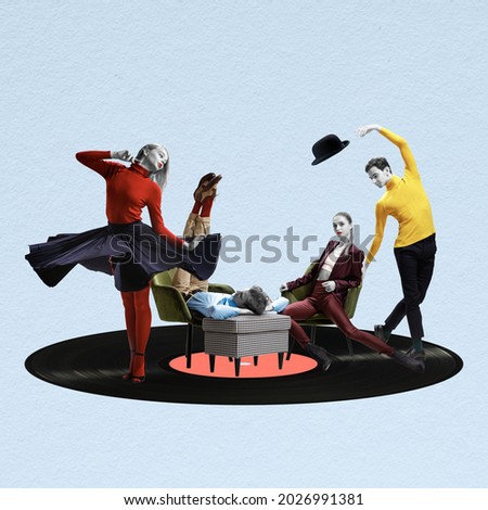 Contemporary art collage. Group of young people in vintage clothes sitting, dancing on vinyl record over pastel background. Zine collage. Concept of vintage fashion, imagination, creativity, art. Royalty-Free Stock Photo #2026991381
