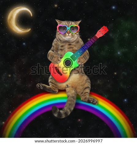 A beige cat in sunglasses is sitting on the rainbow and playing an acoustic guitar at night. 