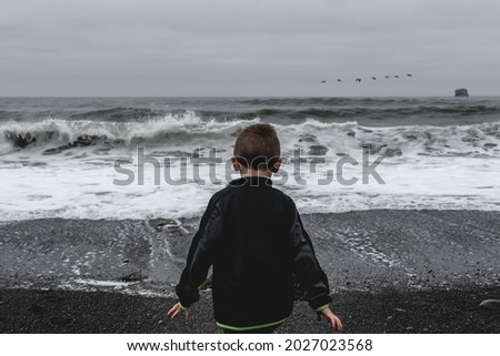 Young boy looking out at the waves on Rialto Beach in Olympic National Park, pelicans flying in the background.