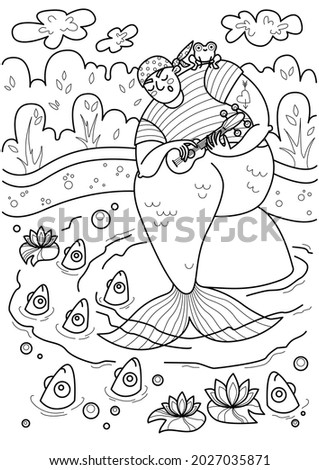 Cartoon page for coloring book with mermaid man, fish and frog, hand-drawn vector illustration