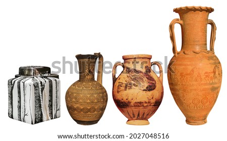 big greek antique and modern vases on the white background Royalty-Free Stock Photo #2027048516