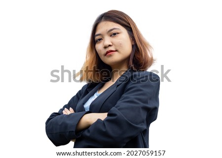 Close up Asian businesswoman standing and Cross One's Arm isolated on white background