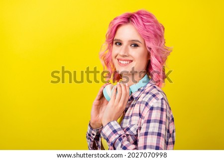 Profile photo of nice pink hairdo millennial lady wear plaid shirt isolated on yellow color background