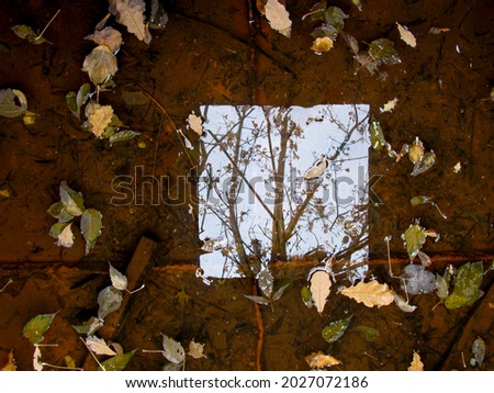 Background in the form of a top view of a rusty, covered with water and fallen leaves, the bottom of an old industrial tank. Ecological background symbolizing the connection of nature and industry.
