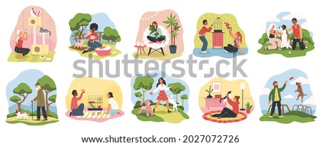 People with pets. Happy owners domestic animals with dogs, cats and mini pigs, little hamsters, parrot and iguana. Men, women and kids take care, play and walk with their pet vector set