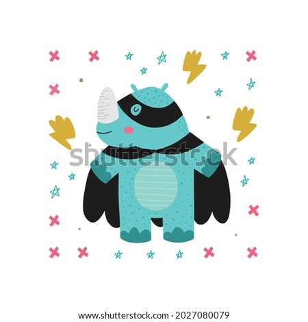 Hand drawn cute rhino with elements. Kids vector hand drawn iilustration 