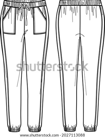 Vector jogger for woman technical drawing, woman pants with elasticized  waistband and pockets detail fashion CAD, template, sketch, flat. Woman trousers with front, back view, white color Royalty-Free Stock Photo #2027113088